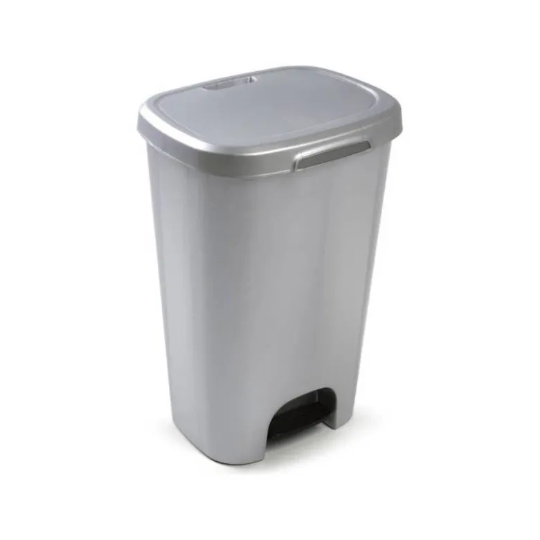 PAPELERA CONTENEDOR PLASTICFORTE PLASTICO CON TAPADERA Y PEDAL 50 LITROS COLOR PLATA 410X360X635 MM