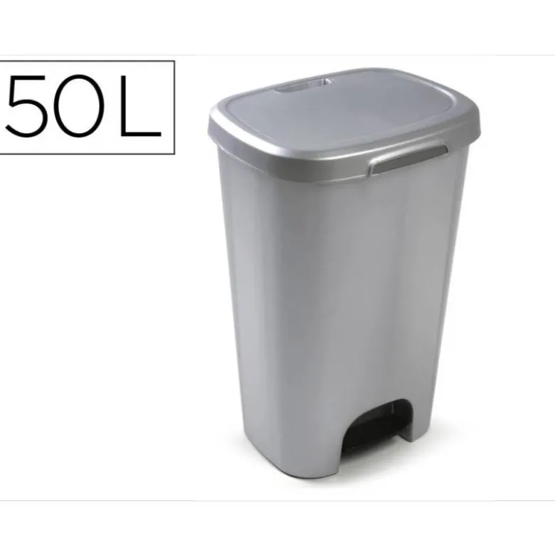 PAPELERA CONTENEDOR PLASTICFORTE PLASTICO CON TAPADERA Y PEDAL 50 LITROS COLOR PLATA 410X360X635 MM