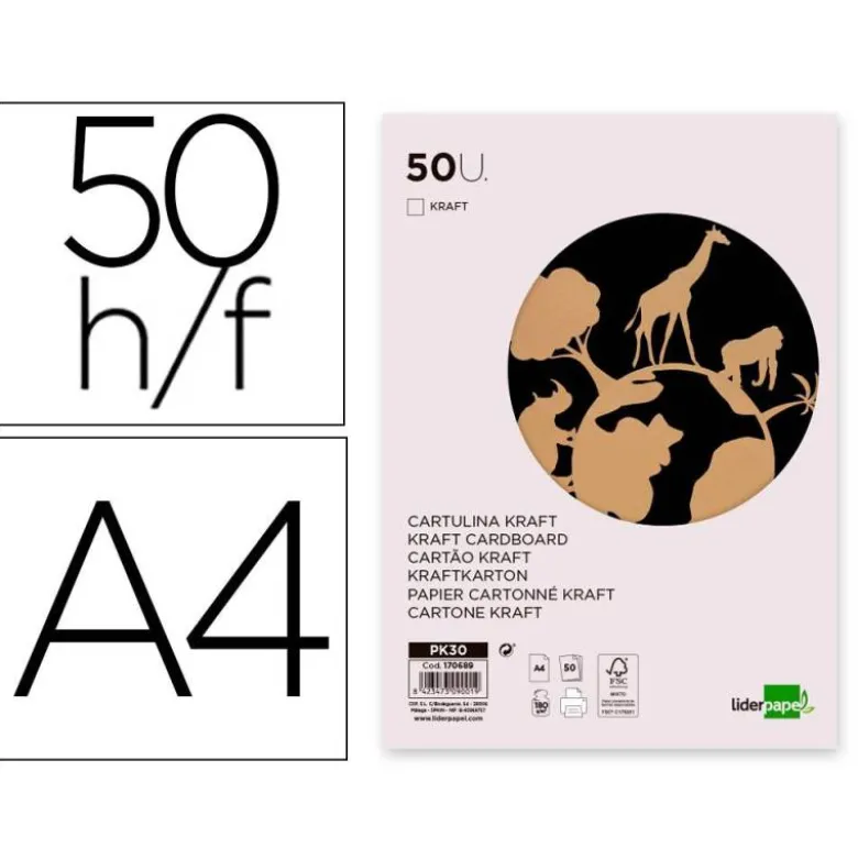 PAPEL KRAFT LIDERPAPEL A4 180G/M2 PAQUETE DE 50 HOJAS