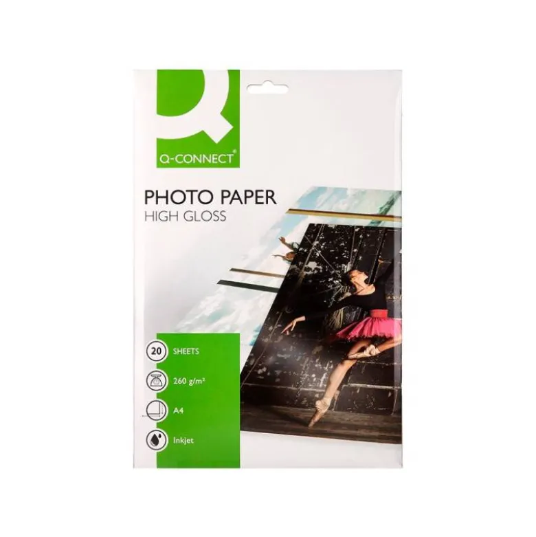 Papel Q-Connect foto glossy kf02163 Din A4 alta calidad digital photo. Bolsa de 20 hojas de 260 gr.