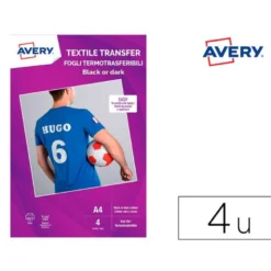 PAPEL TRANSFER AVERY PARA CAMISETAS ALGODON COLORES OSCUROS INK-JET DIN A4 PACK DE 4 HOJAS