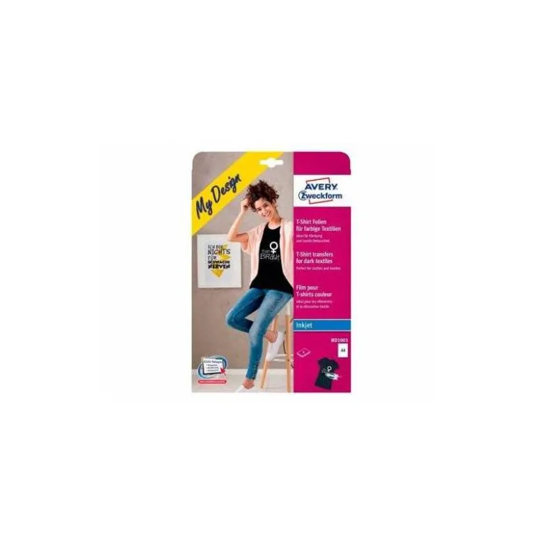 PAPEL TRANSFER AVERY PARA CAMISETAS ALGODON COLORES OSCUROS INK-JET DIN A4 PACK DE 4 HOJAS