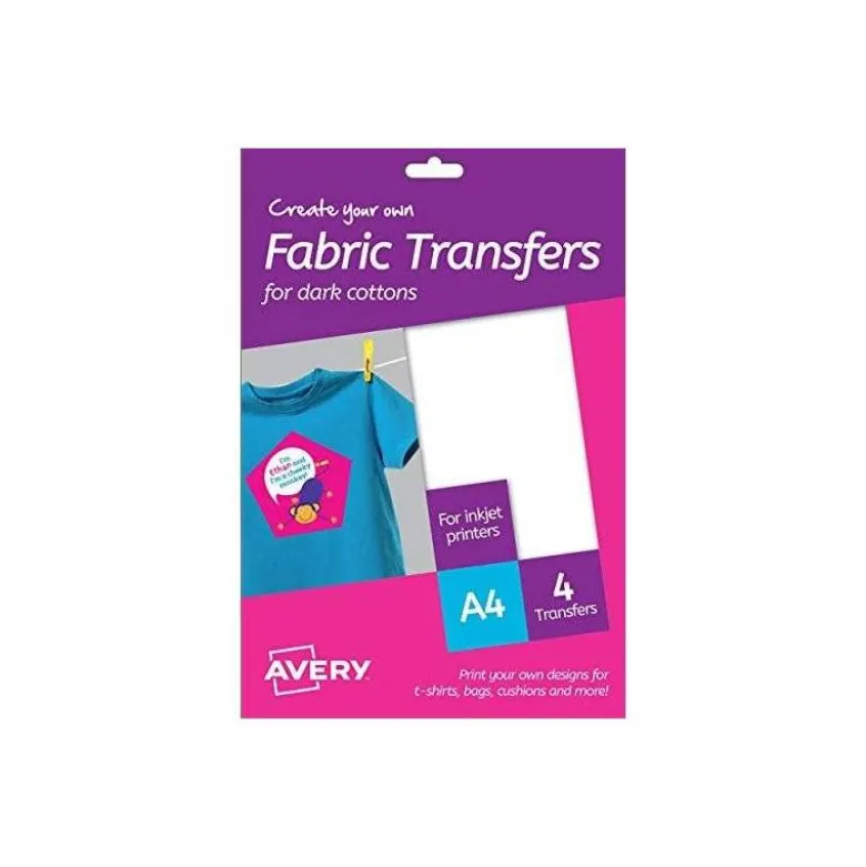 PAPEL TRANSFER AVERY PARA CAMISETAS ALGODON COLORES OSCUROS INK-JET DIN A4 PACK DE 4 HOJAS