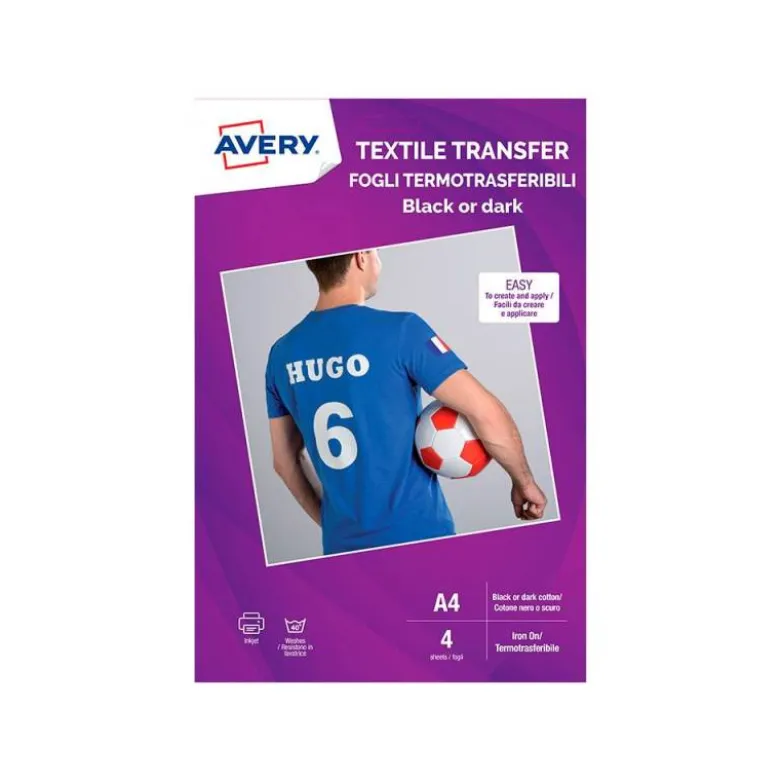 PAPEL TRANSFER AVERY PARA CAMISETAS ALGODON COLORES OSCUROS INK-JET DIN A4 PACK DE 4 HOJAS