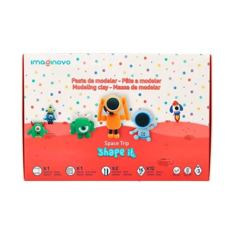 PASTA PARA MODELAR IMAGINOVO DE SECADO AL AIRE SET DE 12 COLORES SHAPE IT SPACE TRIP HERRAMIENTAS E INSTRUCCIONES