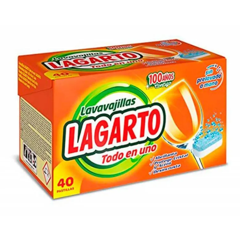 PASTILLA LAVAVAJILLAS LAGARTO TODO EN UNO ABRILLANTA DESINCRUSTA Y PROTEGE SIN PRELAVADO CAJA DE 40 UNIDADES