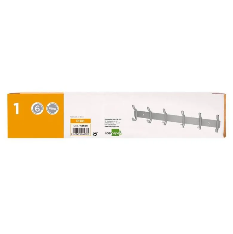 PERCHERO LIDERPAPEL PARED METALICO 6 COLGADORES COLOR PLATA MATE 430X88X55 MM