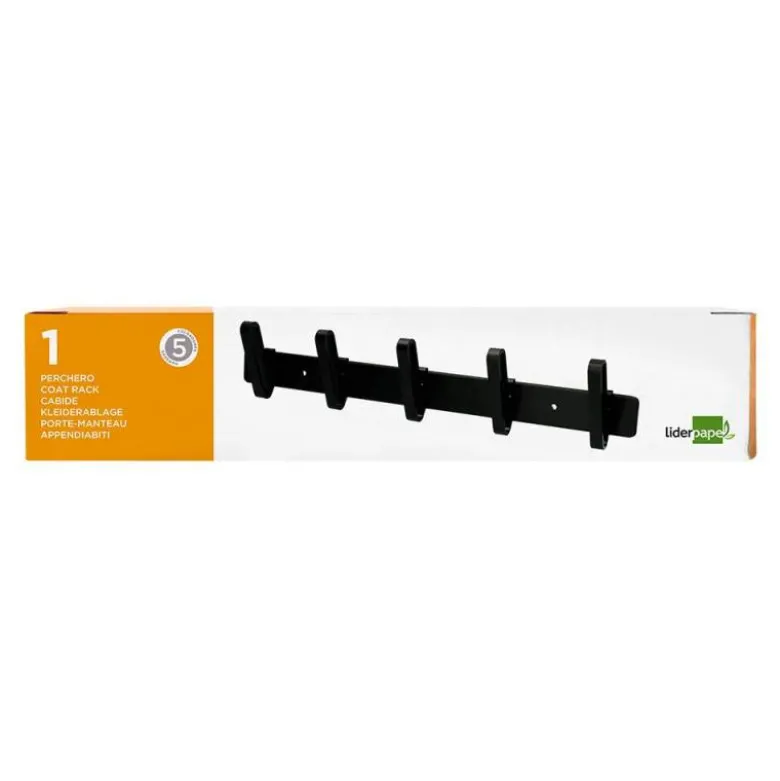 PERCHERO LIDERPAPEL PARED METALICO 5 COLGADORES COLOR NEGRO 430X88X55 MM
