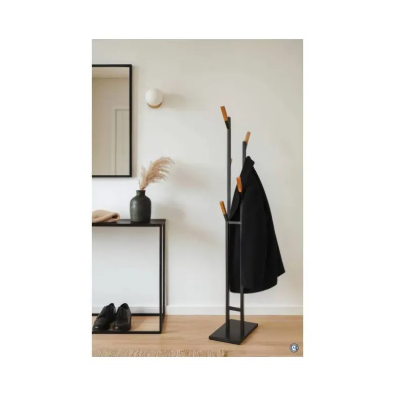 PERCHERO METALICO MAUL RIMA PIE 6 COLGADORES DE MADERA COLOR NEGRO 1840X480X230 MM