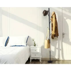 PERCHERO METALICO Q-CONNECT NEGRO CON DETALLES DE MADERA 5 COLGADORES 177X28,5 CM