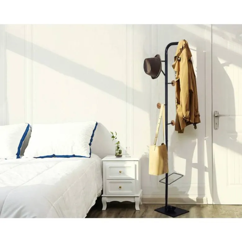 PERCHERO METALICO Q-CONNECT NEGRO CON DETALLES DE MADERA 6 COLGADORES Y PARAGUERO 174X28,5 CM