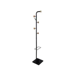 PERCHERO METALICO Q-CONNECT NEGRO CON DETALLES DE MADERA 6 COLGADORES Y PARAGUERO 174X28,5 CM