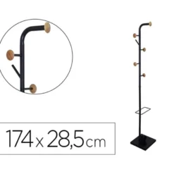 PERCHERO METALICO Q-CONNECT NEGRO CON DETALLES DE MADERA 6 COLGADORES Y PARAGUERO 174X28,5 CM