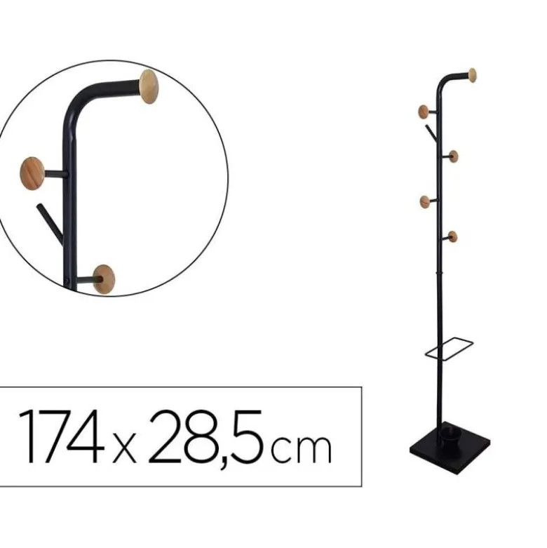 PERCHERO METALICO Q-CONNECT NEGRO CON DETALLES DE MADERA 6 COLGADORES Y PARAGUERO 174X28,5 CM