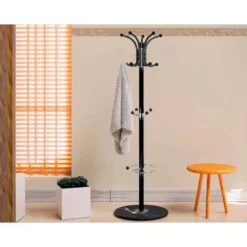 PERCHERO METALICO Q-CONNECT NEGRO DE PIE 10 COLGADORES Y PARAGUERO 174X40 CM