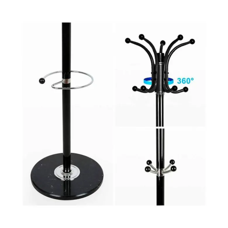 PERCHERO METALICO Q-CONNECT NEGRO DE PIE 10 COLGADORES Y PARAGUERO 174X40 CM