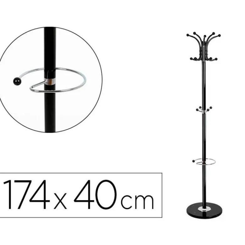 PERCHERO METALICO Q-CONNECT NEGRO DE PIE 10 COLGADORES Y PARAGUERO 174X40 CM