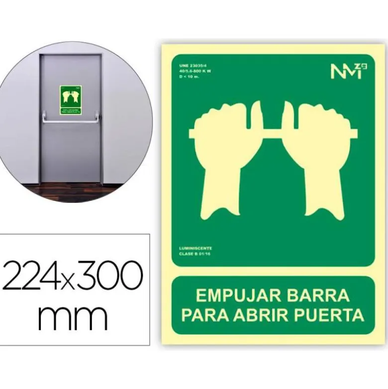 PICTOGRAMA ARCHIVO 2000 EMPUJAR BARRA PARA ABRIR PUERTA PVC COLOR VERDE LUMINISCENTE 224X300 MM