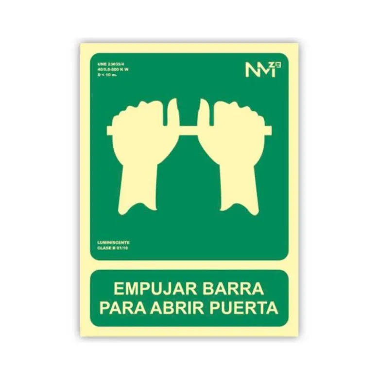 PICTOGRAMA ARCHIVO 2000 EMPUJAR BARRA PARA ABRIR PUERTA PVC COLOR VERDE LUMINISCENTE 224X300 MM
