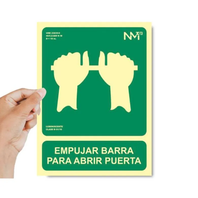 PICTOGRAMA ARCHIVO 2000 EMPUJAR BARRA PARA ABRIR PUERTA PVC COLOR VERDE LUMINISCENTE 224X300 MM