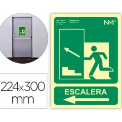 PICTOGRAMA ARCHIVO 2000 SALIDA EMERGENCIA ESCALERA SUBE IZQUIERDA PVC COLOR VERDE LUMINISCENTE 224X300 MM