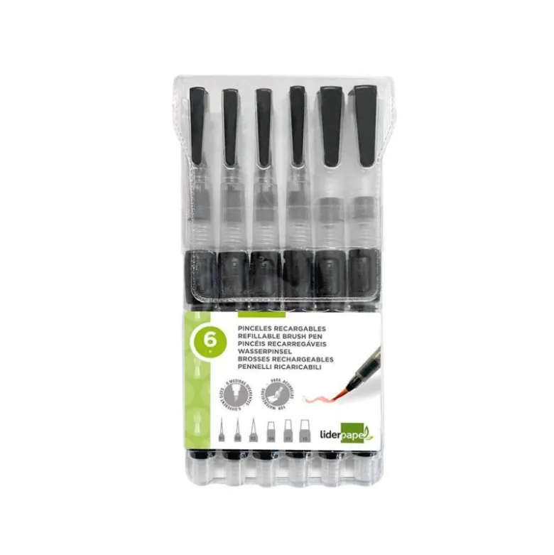 PINCEL LIDERPAPEL RECARGABLE PARA PRODUCTOS ACUARELABLES SET DE 6 UNIDADES GROSOR PUNTAS SURTIDAS
