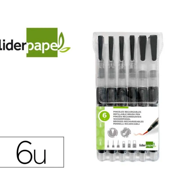 PINCEL LIDERPAPEL RECARGABLE PARA PRODUCTOS ACUARELABLES SET DE 6 UNIDADES GROSOR PUNTAS SURTIDAS
