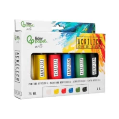 PINTURA ACRILICA LIDERPAPEL CAJA DE 6 TUBOS DE PLASTICO DE 75 ML COLORES BASICOS