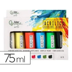 PINTURA ACRILICA LIDERPAPEL CAJA DE 6 TUBOS DE PLASTICO DE 75 ML COLORES BASICOS