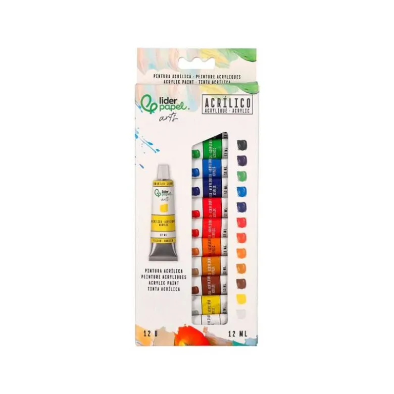 PINTURA ACRILICA LIDERPAPEL CAJA DE 12 TUBOS DE ALUMINIO DE 12 ML COLORES SURTIDOS