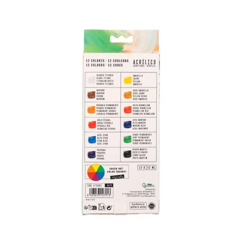PINTURA ACRILICA LIDERPAPEL CAJA DE 12 TUBOS DE ALUMINIO DE 12 ML COLORES SURTIDOS