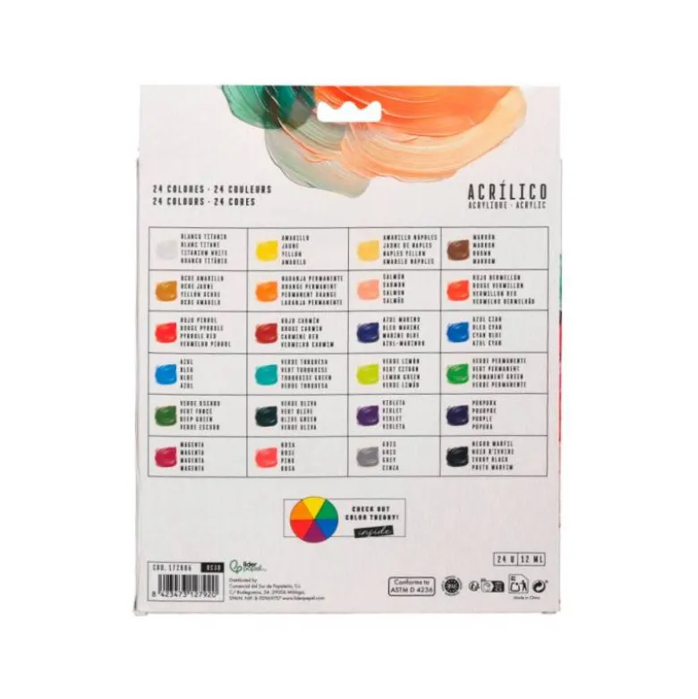 PINTURA ACRILICA LIDERPAPEL CAJA DE 24 TUBOS DE ALUMINIO DE 12 ML COLORES SURTIDOS