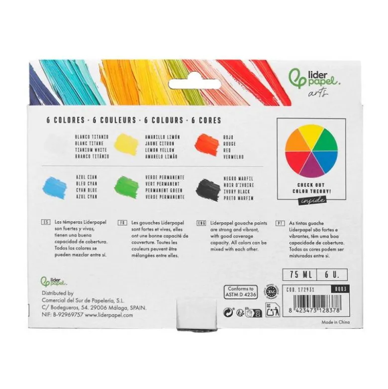 PINTURA GOUACHE/TEMPERA LIDERPAPEL CAJA DE 6 TUBOS DE PLASTICO DE 75 ML COLORES SURTIDOS