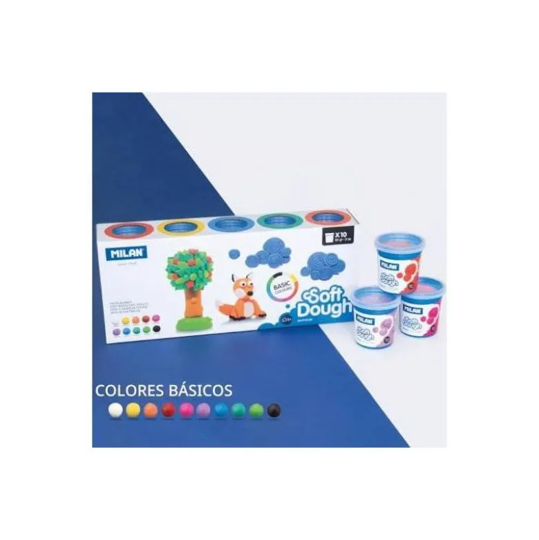 PLASTILINA MILAN SOFT DOUGH BASIC CAJA DE 10 BOTES COLORES SURTIDOS 85 G