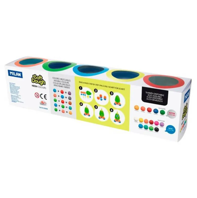PLASTILINA MILAN SOFT DOUGH NEON CAJA DE 5 BOTES COLORES SURTIDOS 142 GR
