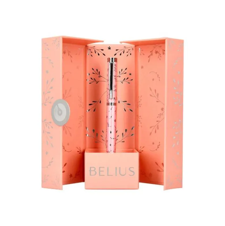 PLUMA BELIUS BELLA ALUMINIO COLOR ROSA DISEÑO PLATEADO RELIEVE TINTA AZUL CAJA DE DISEÑO