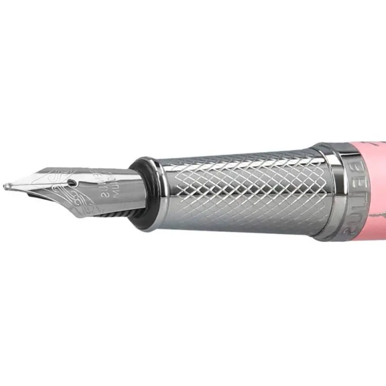 PLUMA BELIUS BELLA ALUMINIO COLOR ROSA DISEÑO PLATEADO RELIEVE TINTA AZUL CAJA DE DISEÑO