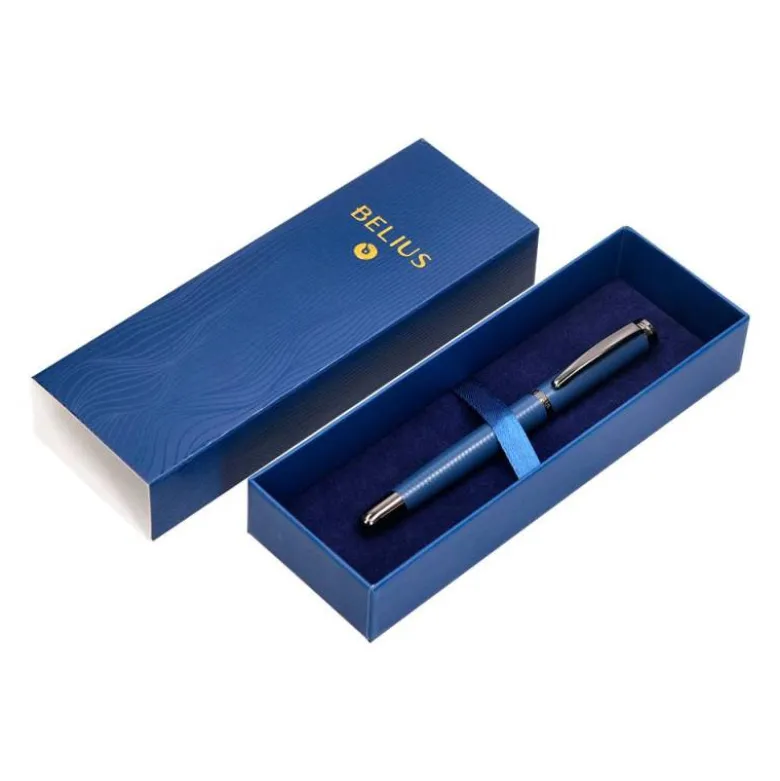 PLUMA BELIUS NEPTUNO ALUMINIO TEXTURA WAVY COLOR AZUL MARINO TINTA AZUL CAJA DE DISEÑO