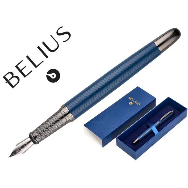 PLUMA BELIUS NEPTUNO ALUMINIO TEXTURA WAVY COLOR AZUL MARINO TINTA AZUL CAJA DE DISEÑO