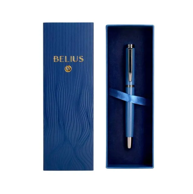 PLUMA BELIUS NEPTUNO ALUMINIO TEXTURA WAVY COLOR AZUL MARINO TINTA AZUL CAJA DE DISEÑO