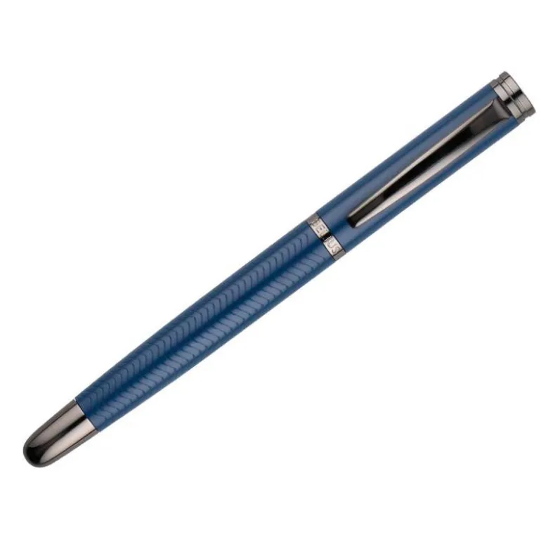 PLUMA BELIUS NEPTUNO ALUMINIO TEXTURA WAVY COLOR AZUL MARINO TINTA AZUL CAJA DE DISEÑO