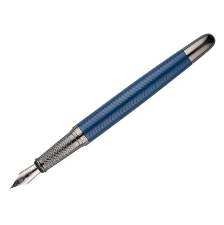 PLUMA BELIUS NEPTUNO ALUMINIO TEXTURA WAVY COLOR AZUL MARINO TINTA AZUL CAJA DE DISEÑO