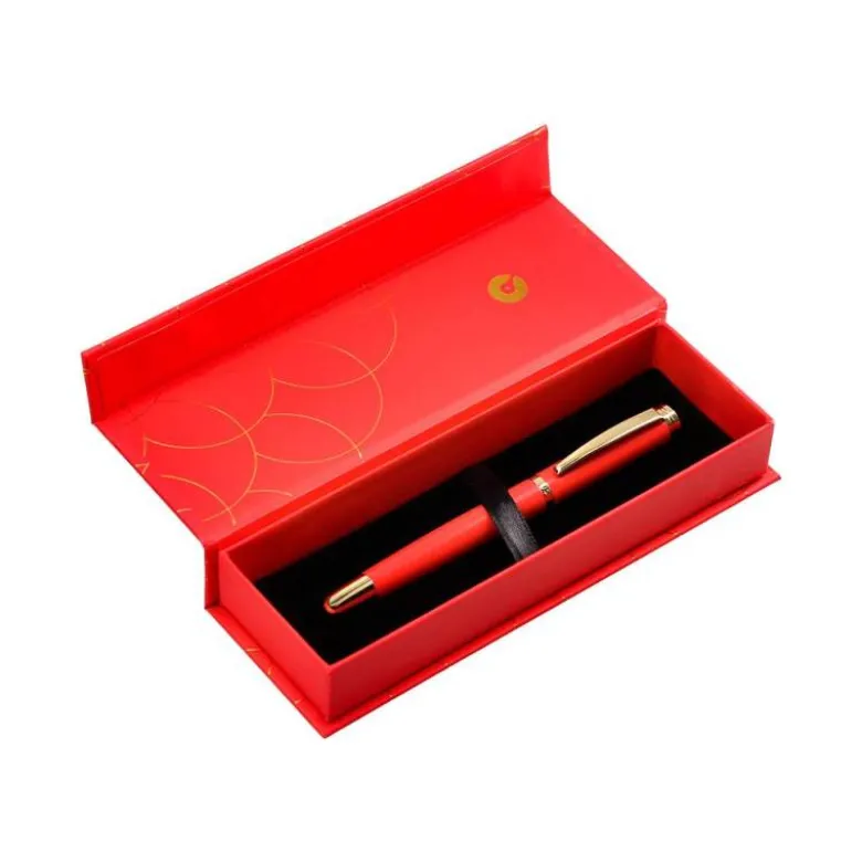PLUMA BELIUS PASSION DOR ALUMINIO TEXTURA CEPILLADA COLOR ROJO Y DORADO TINTA AZUL CAJA DE DISEÑO