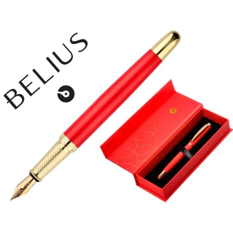 PLUMA BELIUS PASSION DOR ALUMINIO TEXTURA CEPILLADA COLOR ROJO Y DORADO TINTA AZUL CAJA DE DISEÑO