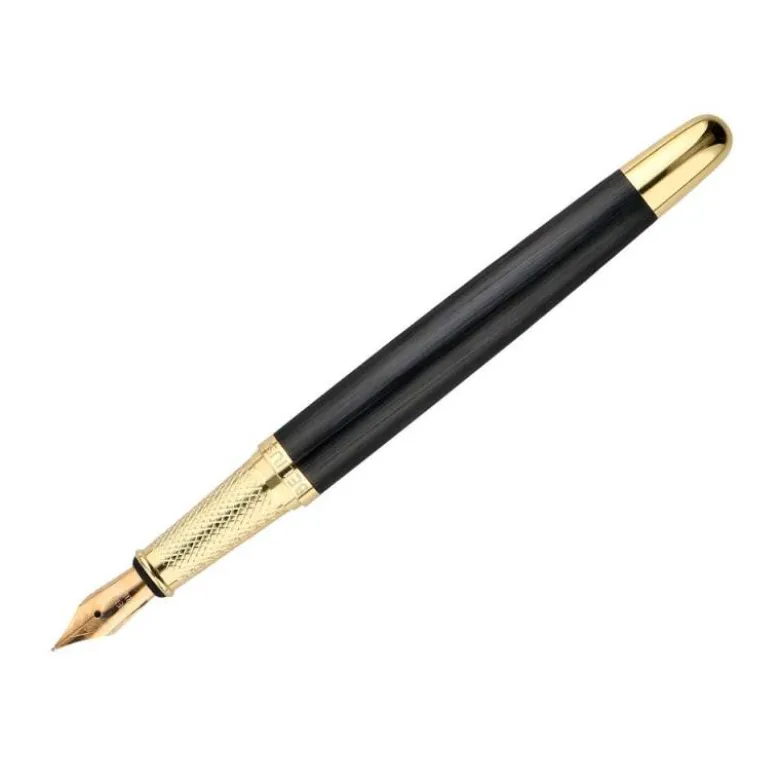 PLUMA BELIUS PASSION DOR ALUMINIO TEXTURA CEPILLADA COLOR NEGRO Y DORADO TINTA AZUL CAJA DE DISEÑO