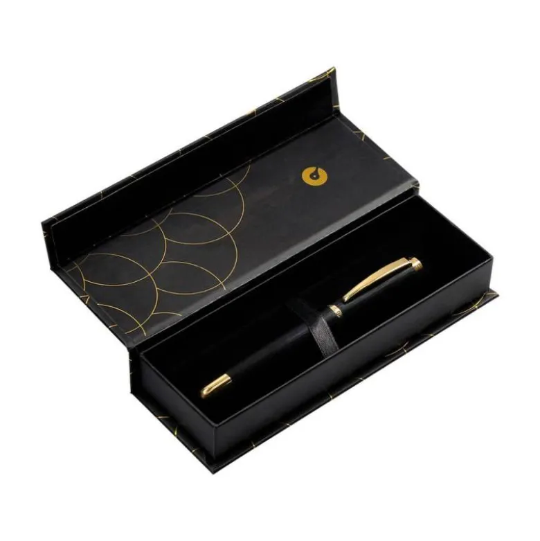 PLUMA BELIUS PASSION DOR ALUMINIO TEXTURA CEPILLADA COLOR NEGRO Y DORADO TINTA AZUL CAJA DE DISEÑO