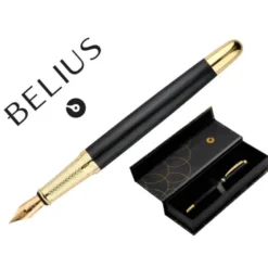 PLUMA BELIUS PASSION DOR ALUMINIO TEXTURA CEPILLADA COLOR NEGRO Y DORADO TINTA AZUL CAJA DE DISEÑO
