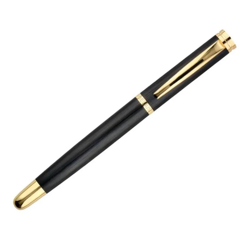 PLUMA BELIUS PASSION DOR ALUMINIO TEXTURA CEPILLADA COLOR NEGRO Y DORADO TINTA AZUL CAJA DE DISEÑO