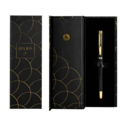 PLUMA BELIUS PASSION DOR ALUMINIO TEXTURA CEPILLADA COLOR NEGRO Y DORADO TINTA AZUL CAJA DE DISEÑO