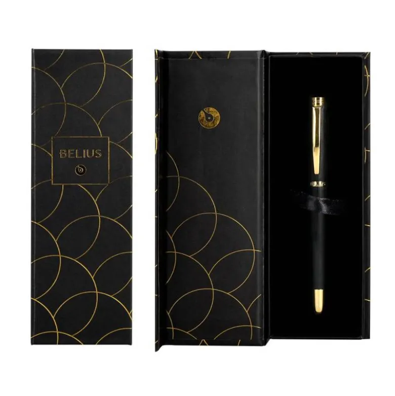 PLUMA BELIUS PASSION DOR ALUMINIO TEXTURA CEPILLADA COLOR NEGRO Y DORADO TINTA AZUL CAJA DE DISEÑO